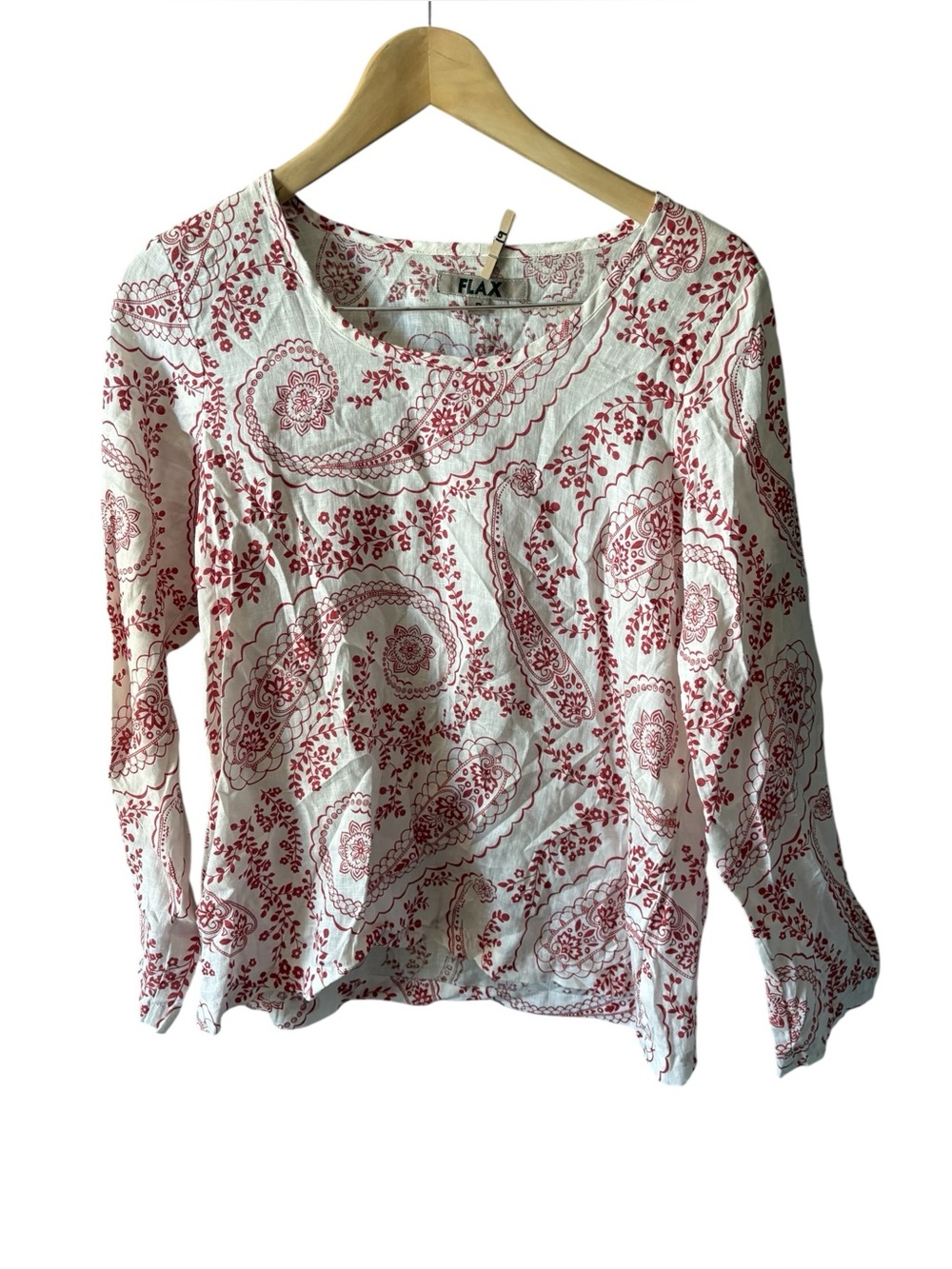 FLAX Linen Paisley Floral Blouse Red White Long Sleeve Women’s Size P / XS